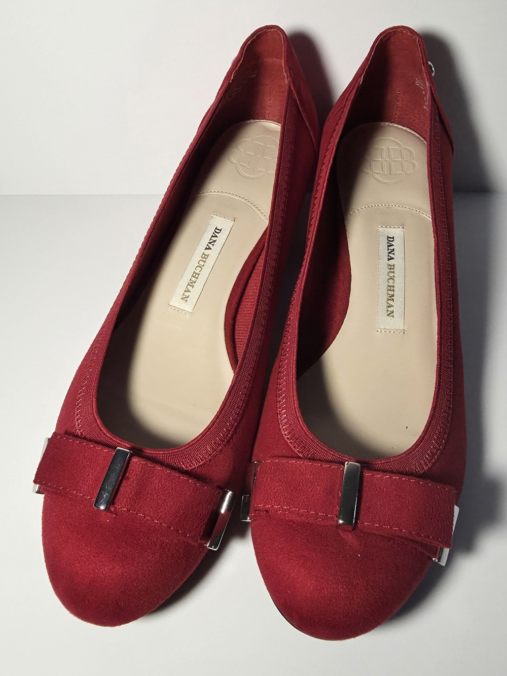 Dana Buchman Red Suede Ballet Flats with Bow Accent
